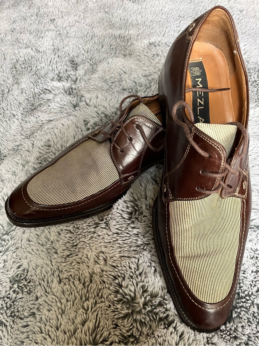 Mezlan Brown Leather & Cream Canvas Lace-Up Oxfords
